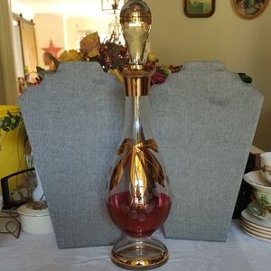 Elegant Bohemian Vintage Cherry Etched Gold And Cranberry Red Decanter